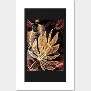 BLACK  GOLD TRICOLOUR TROPICAL LEAVES Posters and Art